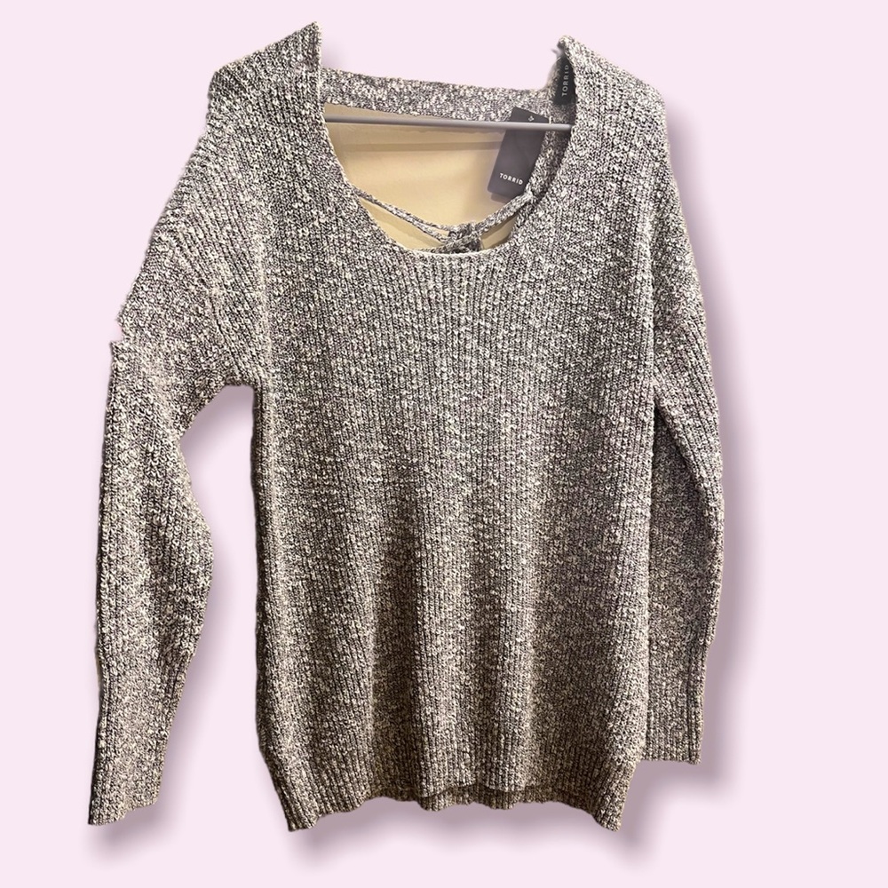 TORRID Heather Grey Marled Knit Lace Up Back Sweater Long Sleeve - Picture 2 of 7